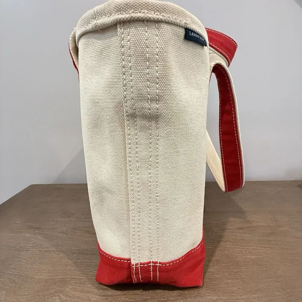 Lands End Open Top Canvas Tote Bag M Shoulder Red Natural Cotton Preppy Sturdy - Picture 3 of 16